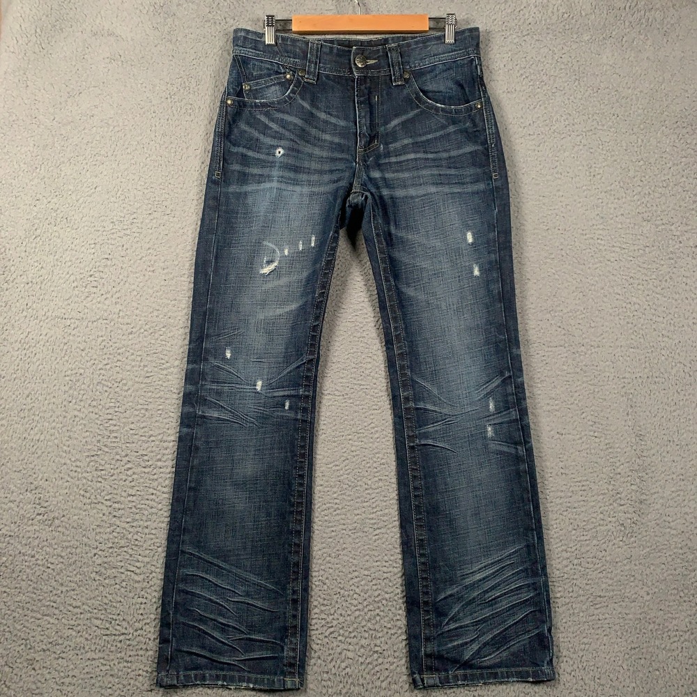 Affliction Blake Relaxed Straight Jeans Mens 30 Blue Indigo Mechanic Cross Patch